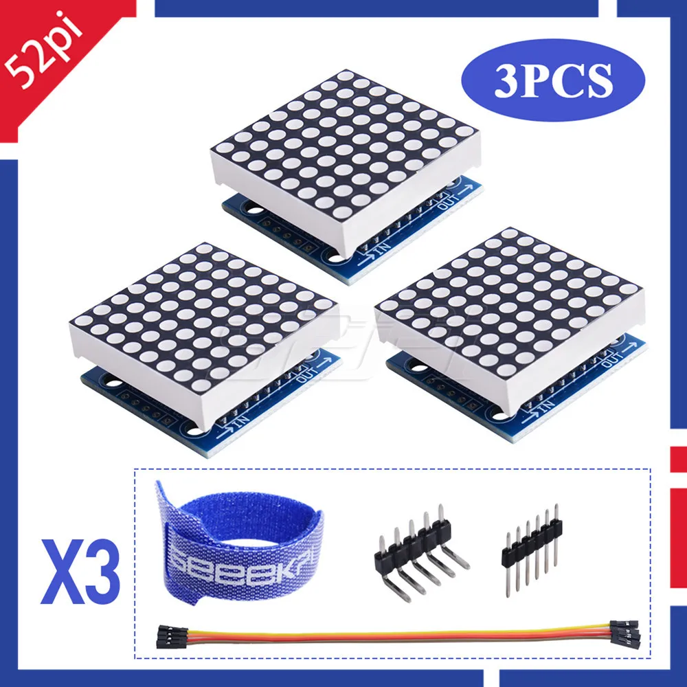 

52Pi 3PCS 8x8 MAX7219 Dot Led Matrix Module MCU LED Display Control Module For Arduino Raspberry Pi 5V Interface Module