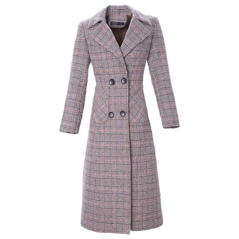 

2019 New autumn winter fashion X-long woolen coat women Slim plaid wool jacket female double-breasted Windbreaker outerwear 2998
