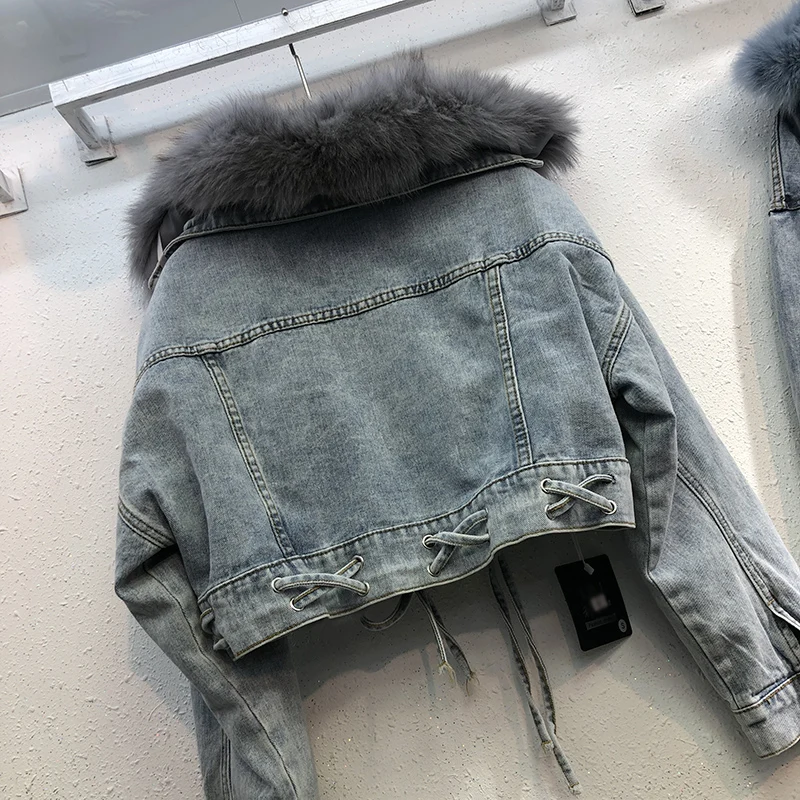

Natural Rabbit Fur Liner Short Denim Coat Women Plus Velvet Padded Jacket 2019 Autumn Winter New Real Fox Fur Collar Warm Parkas
