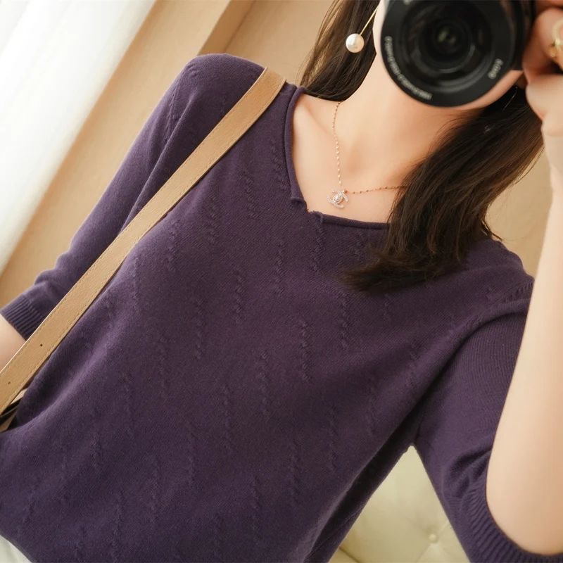 

YUHANRONG 100% pure cotton medium sleeve bottom shirt female V-neck Pullover half sleeve cotton top short pure color new