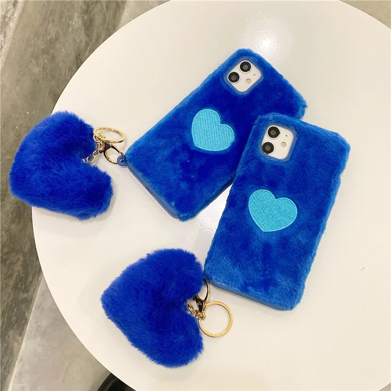 

Klein blue love heart furry Case For iphone 13 12 11 Pro XS Max XR X SE20 7 8 Plus 13pro INS popular Phone cover wite 3D pendant