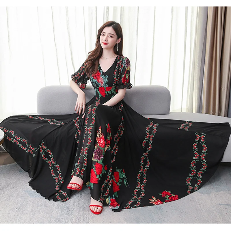 

Women's Five-Point Sleeve Temperament Dress Long Skirt Female High Waist Temperament National Style