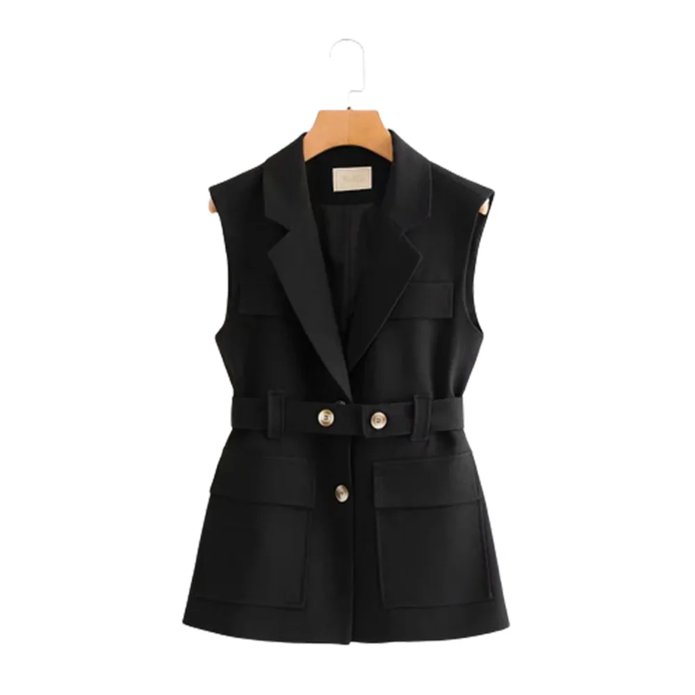 

Elegant Tooling Style Women 2021 Fashion Solid Color Single-Breasted Belt Vest Coat Vintage Sleeveless Outerwear Female Chic Top