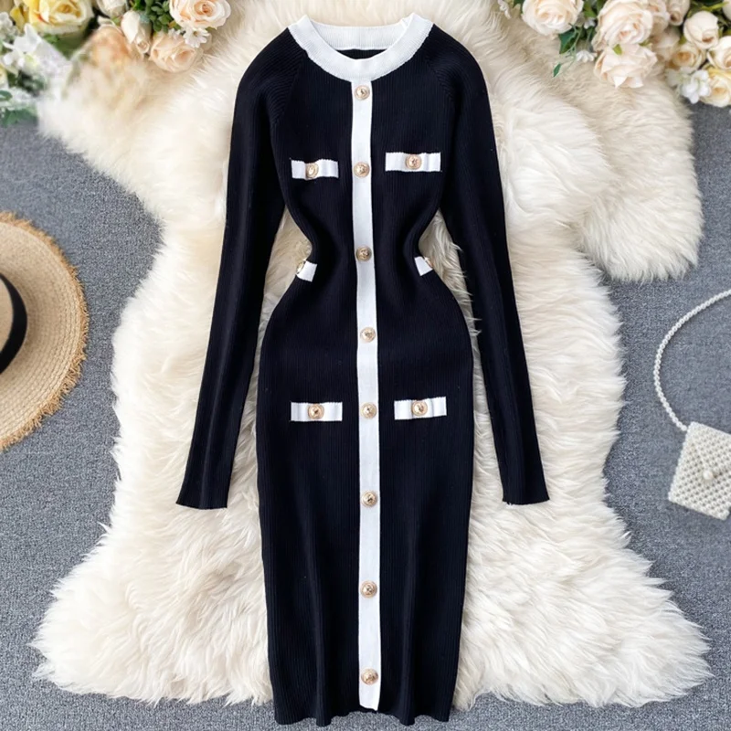 

Women Knitted Sheath Dress Autumn Office Bodycon Kniting Dress Casual Winter Elastic O Neck Button Retro Sweater Party Dress