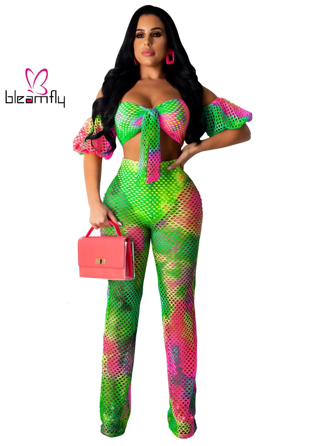 Женский костюм с открытыми плечами марлевая сетка топ принтом прямые штаны