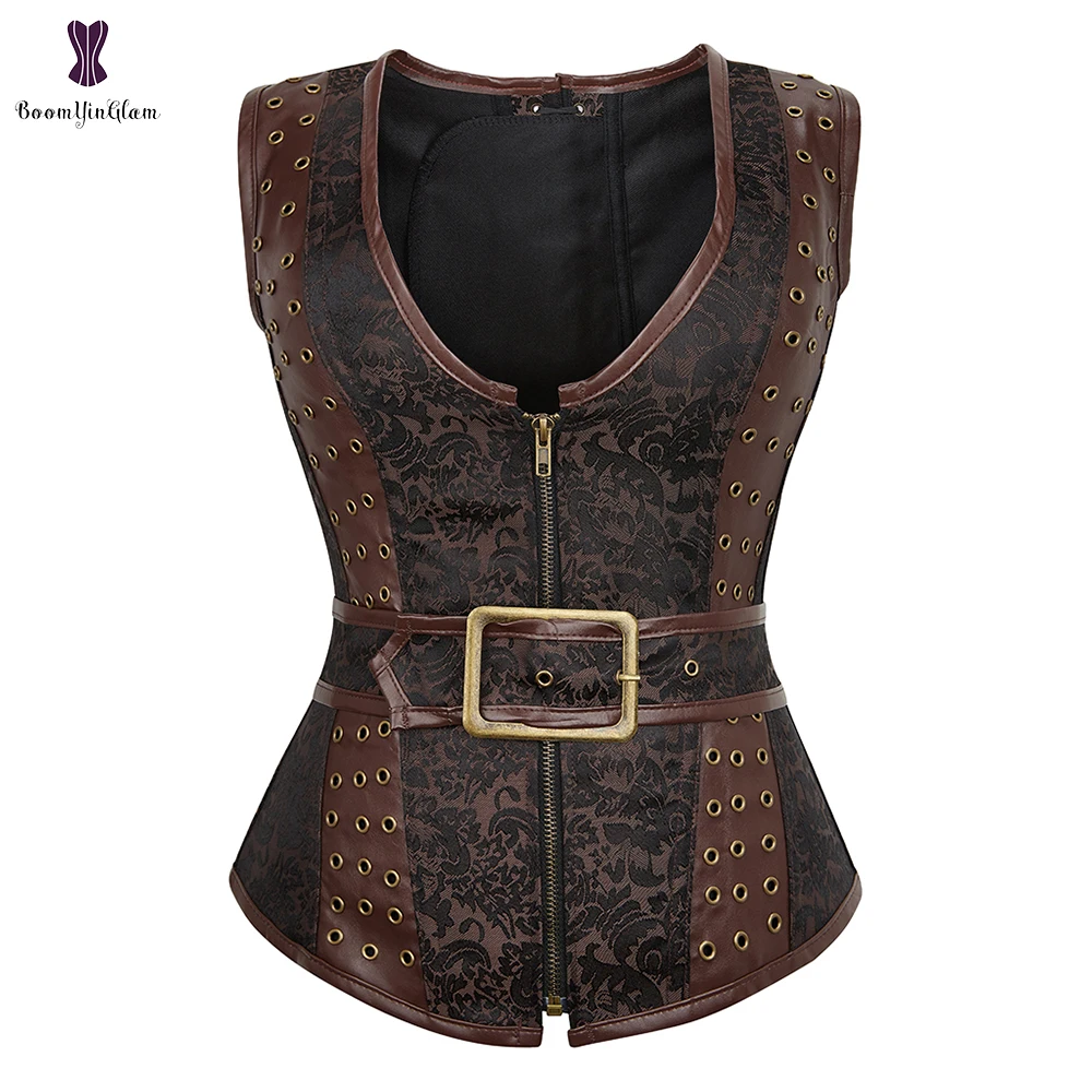 

Women Retro Vintage Overbust Corset Steampunk Gothic Brown Waist Trainer Bustier Top S-2XL Outfits Corselet