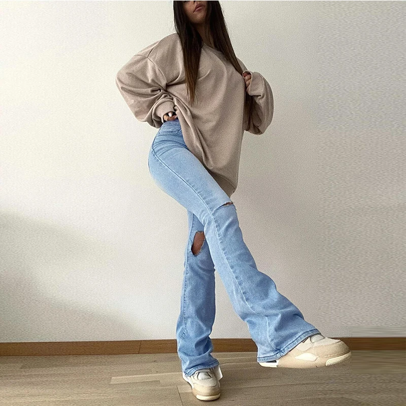

Women's Fashion High-Waist Elastic Micro-flared Denim Trousers With Knee Holes And Comfortable Casual Trousers
