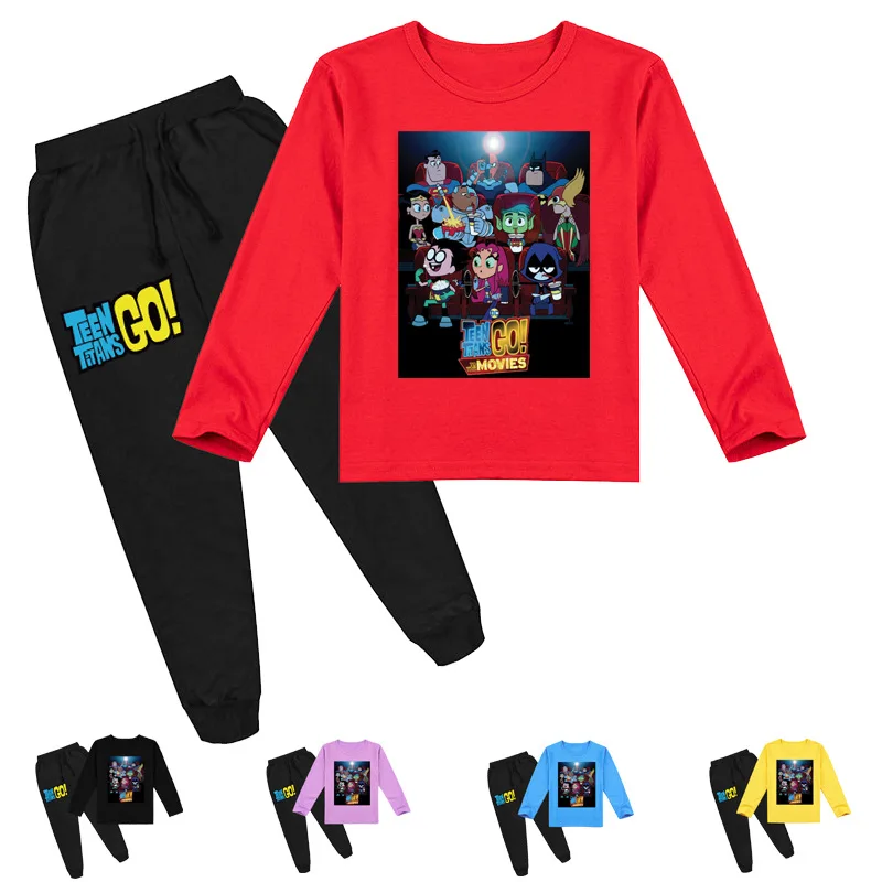 

2020 Fashion Teen Titans Go Hoodie Tops Shirt+Pants 2pcs Set Kids Cartoon Print Outfits Boys Sportswear Baby Girls Clothing Sets