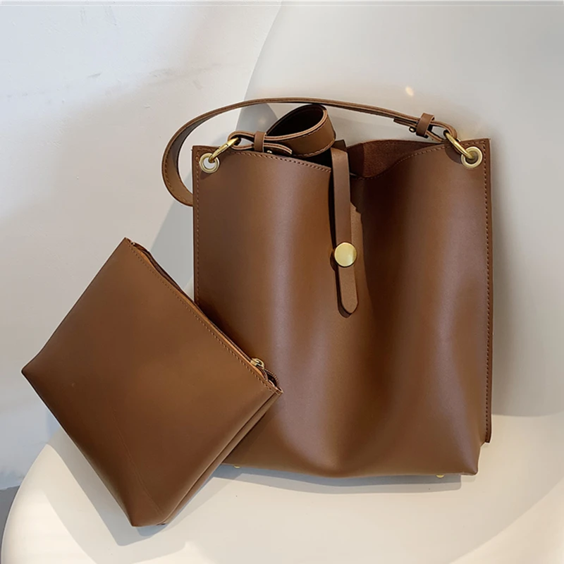 

Vintage 2 Pcs/Set Bucket Soft PU Leather Shoulder Bags For Women Solid Color Large Capacity Female Purses And Handbags 2021 NEW