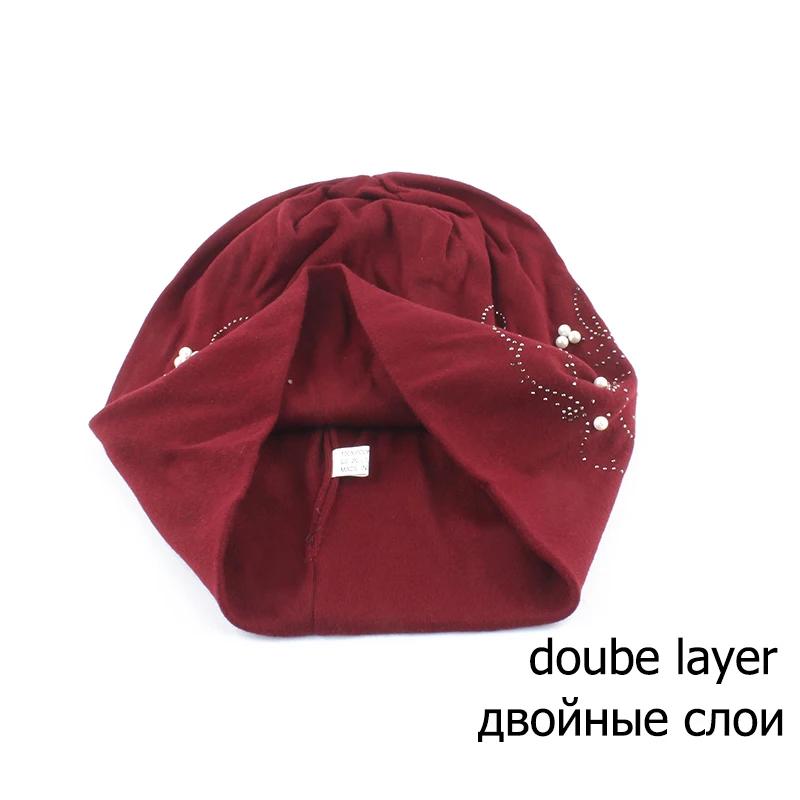 Осенняя шапочка-бини для женщин, однотонные, с жемчугом, со стразами, шапочки для женщин, модная мягкая шапка, мягкий хлопок, головной убор тюрбан, шапки
