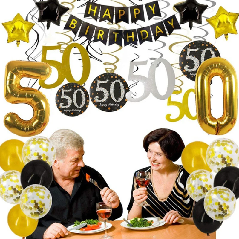 

Принадлежности для дня рождения 30/40/50/60 лет, баннер на день рождения с номером, черный золотой шар, 50 украшений на годовщину свадьбы