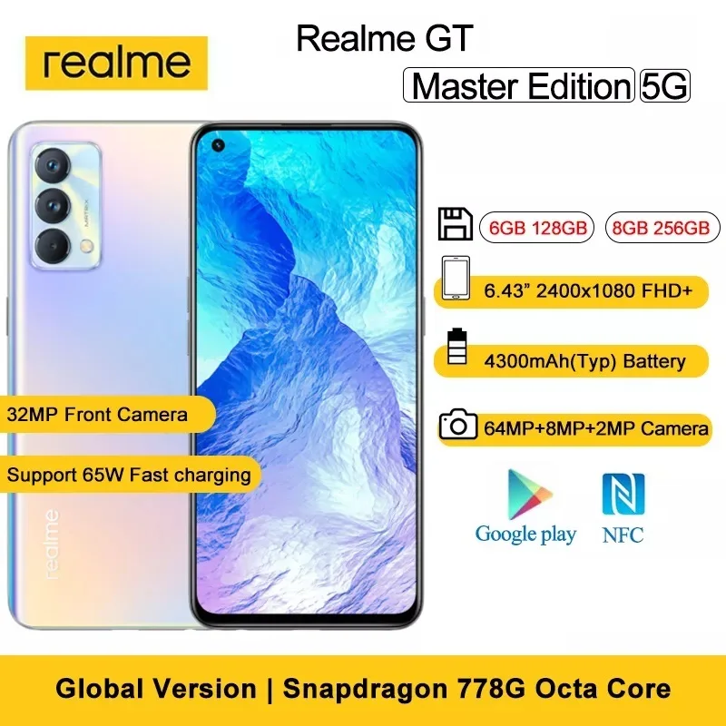 

Global Version realme GT Master Edition 6GB+128GB 8GB+256GB 64MP 120Hz Super AMOLED 6.43" Snapdragon 778G Dual SIM 65W Charging