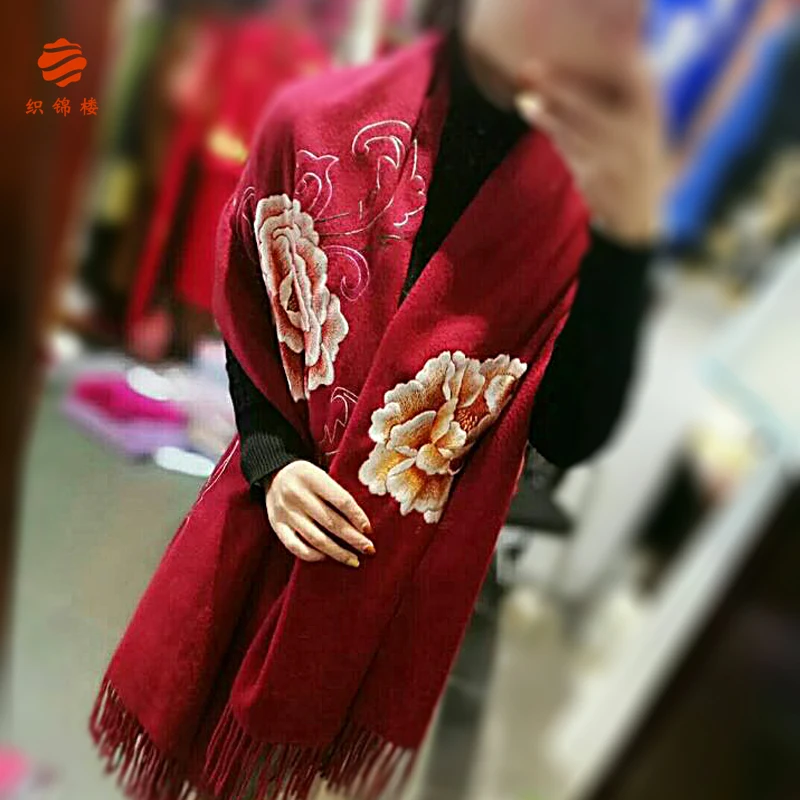 

★Ms brocade floor su embroidery cashmere scarf with thick red long embroidery peony shawls and warm in winter