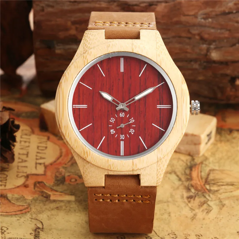 

Classical Nature Wood Watch Red Dial Luminous Hands Men's Bamboo Quartz Analog Wristwatch Genuine Leather Strap Timepiece Gfit