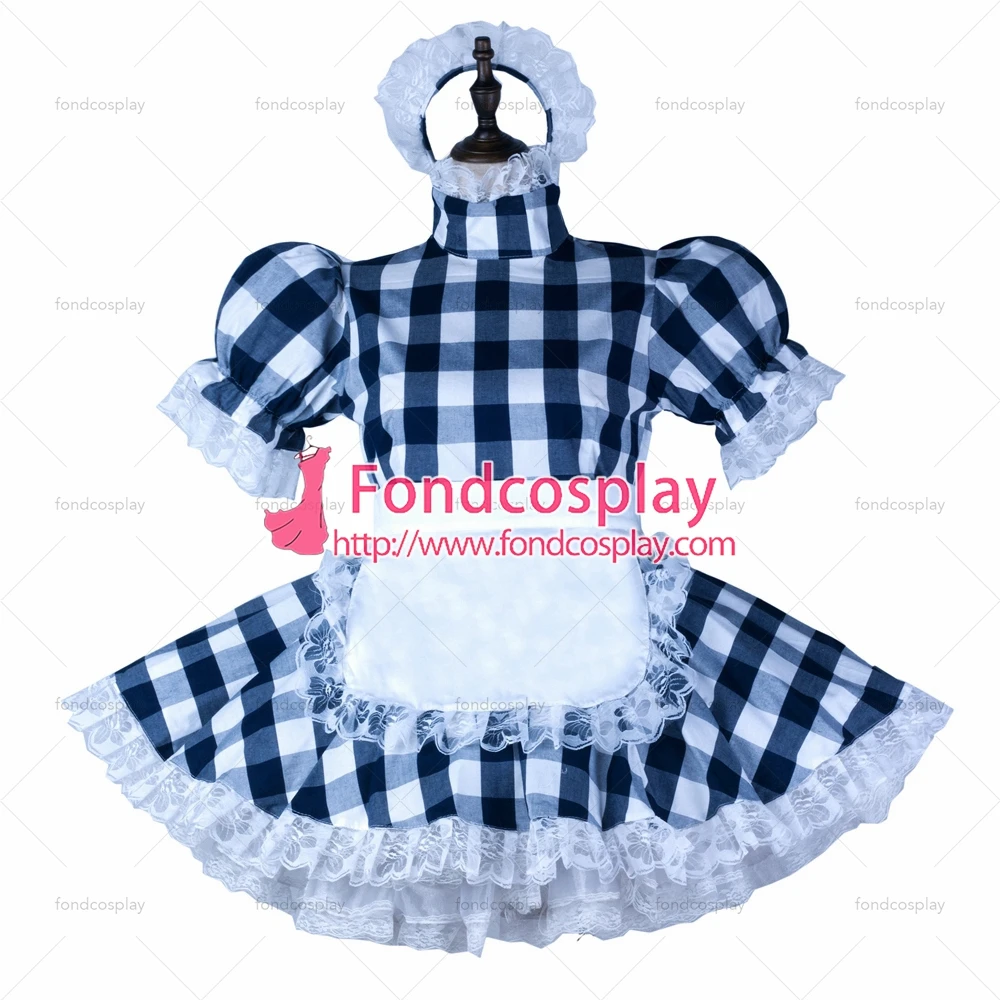 

fondcosplay adult sexy cross dressing sissy maid Navy blue lattice cotton dress lockable Uniform white apron Tailor-made[G2355]