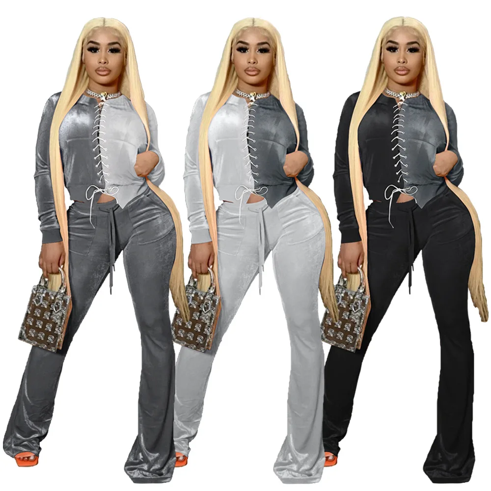 

Velvet Two Piece Set women autumn outfit jogger tracksuit casual Lace Up long sleeve Pullover Top Flare Pants Sporty Suit
