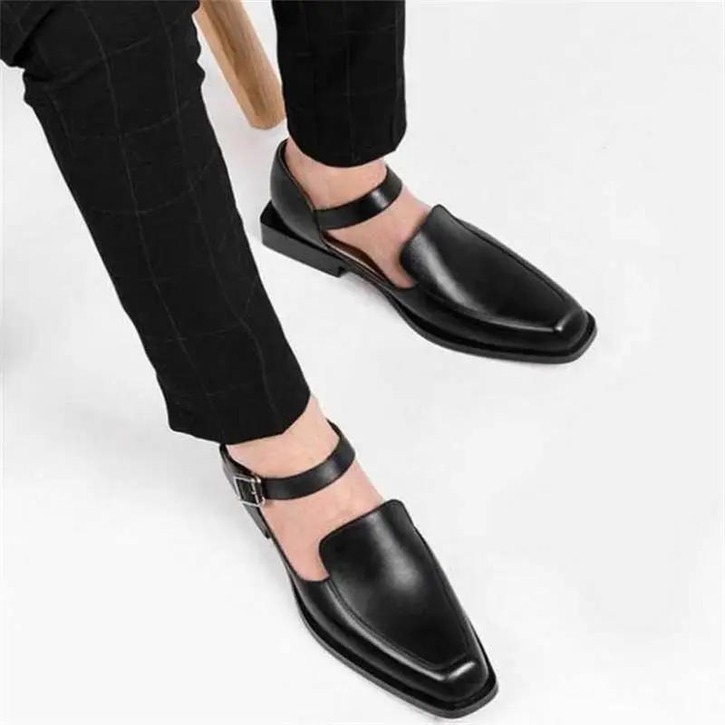 

Men Fashion Trend Classic All-match Dress Shoes Handmade Solid Color PU Shallow Mouth Square Toe Bag with Buckle Sandals 7KG565