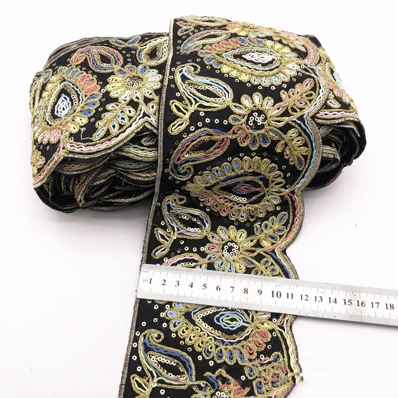 Этнические 1 ярдов Отделка Золотая нить вышитые кружева Бохо Швейные аксессуары