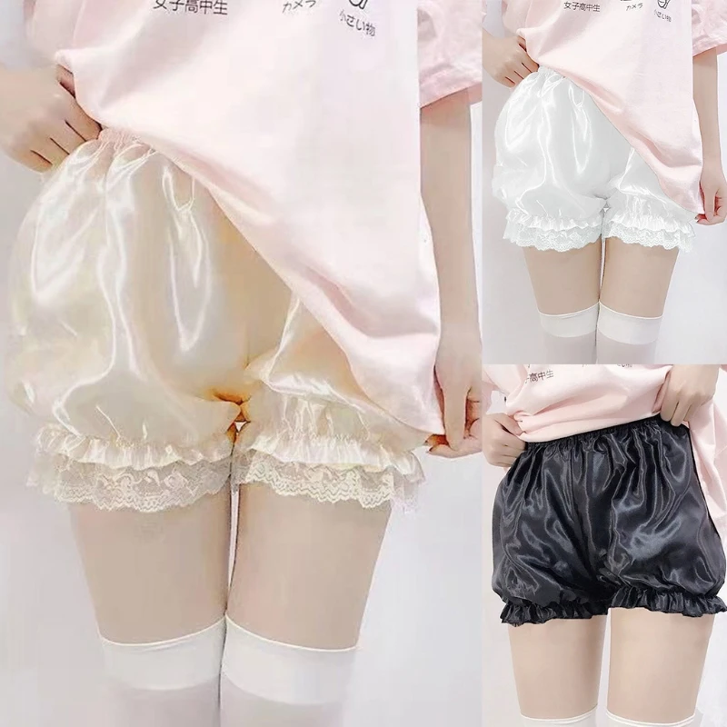 

Women Girls Silky Satin Lolita Bloomers Ruffles Lace Trim Maid Loose Pumpkin Pants Solid Color Gothic Security Shorts