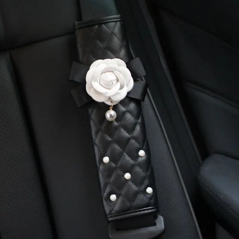 

Creative Leather Pearl Camellia Flower Car Seat Belt Cover Shoulder Pads Car Shifter Hand Brake Covers Auto Interior Accessories