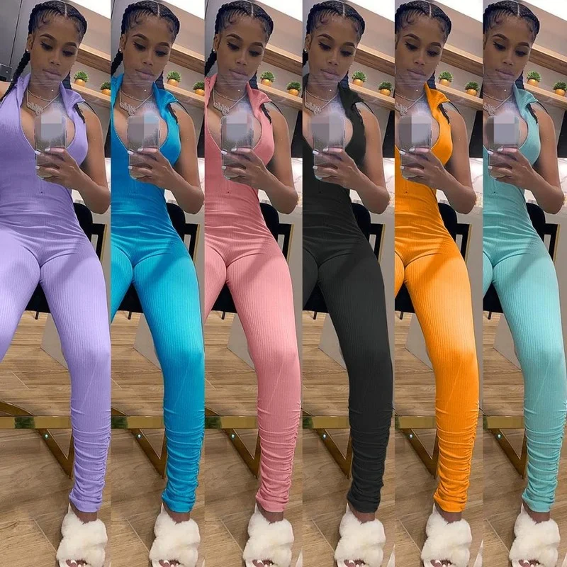 

Women Ribbed Jumpsuits Sleeveless Turtleneck Zip High Elasticity Bodysuit Casual Raised Lines Pattern Outdoor Wear Monos Mujer