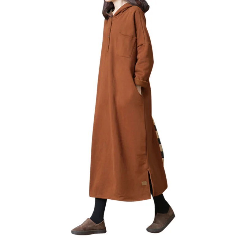 Модное женское платье с капюшоном винтажное однотонное повседневное свободное