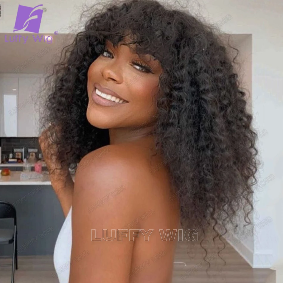 

200% 250% Density Loose Curly Scalp Top Human Hair Wigs with Bangs Brazilian Remy Curly Full Machine Made Wig For Women Luffywig