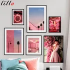 Настенная Картина на холсте с изображением розового города, цветов, пляжа, девушек, плакаты и принты для гостиной, Декор