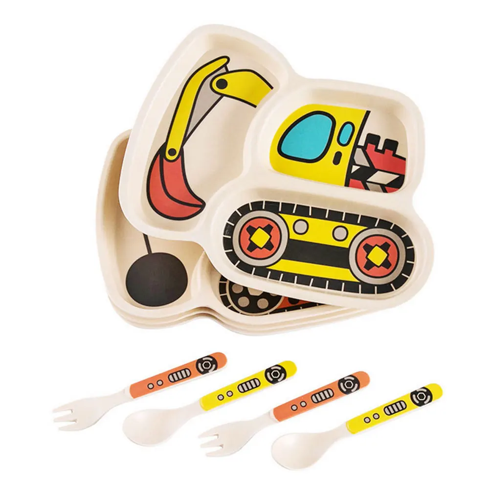 3pcs/set Cartoon Car Plate Fork Spoon Dinner Plates Set Dishes Divided Compartment Plates Tableware for Kids Toddlers Children