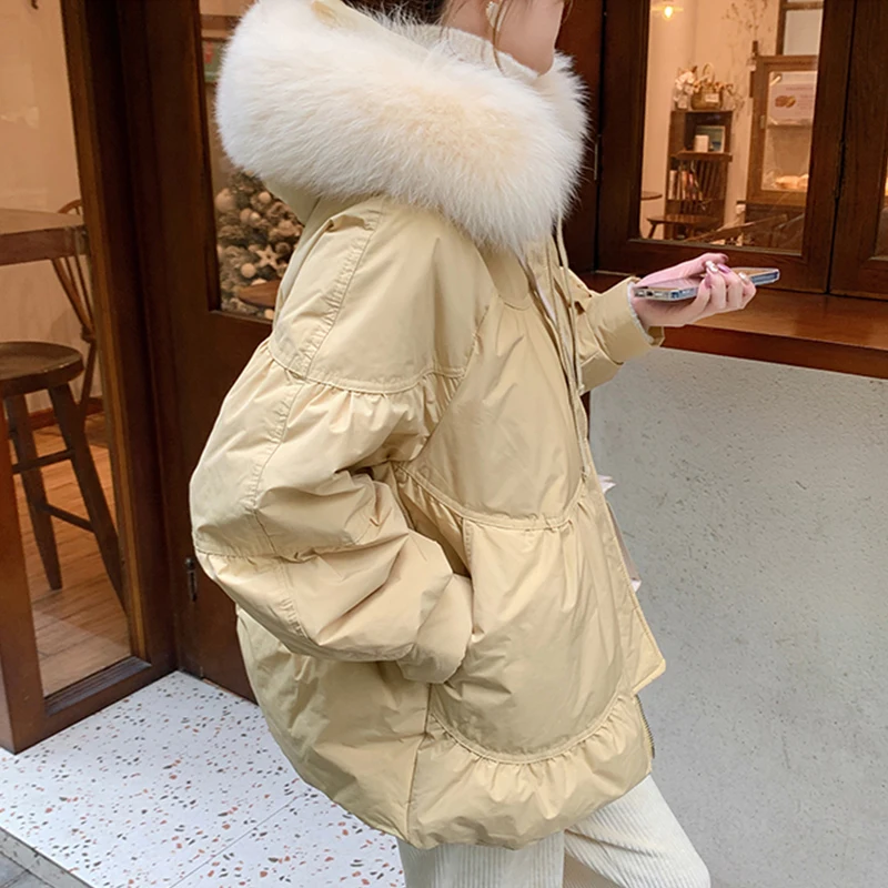

Fitaylor Winter Large Real Fur Collar Hooded Light Feather Jacket Women Sweet Pink Down Short Coat Warm Fluffy Puffer Outwear