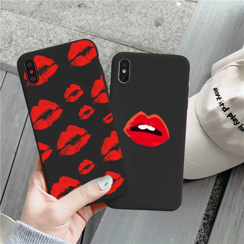 Black Sexy Girl red Lips Kiss TPU Soft Silicone Phone Case Cover for iPhone 8 7 6S Plus SE2020 XR X 12 13 11 pro XS MAX Coque