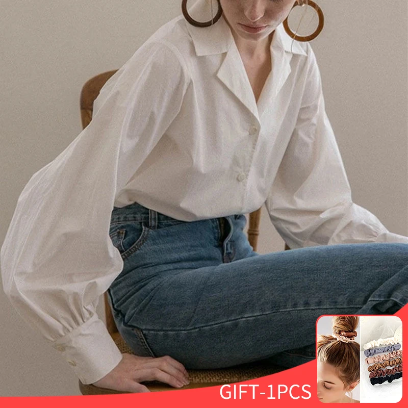 

Women Blouses Office Lady Button Up Cotton Oversize Casual Tops White Long Sleeve Spring Autumn Korean Fashion Shirts Blouse