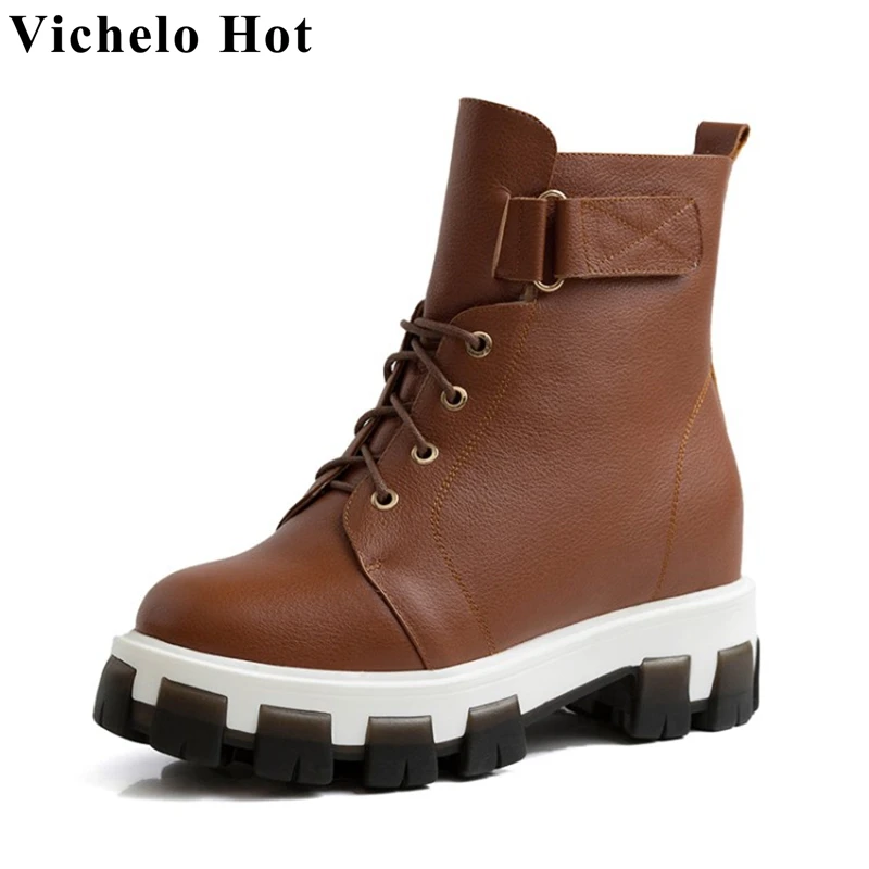 

Популярные зимние ботинки Vichelo из натуральной коровьей кожи, зимние водонепроницаемые ботильоны на среднем каблуке с перекрестной шнуровк...