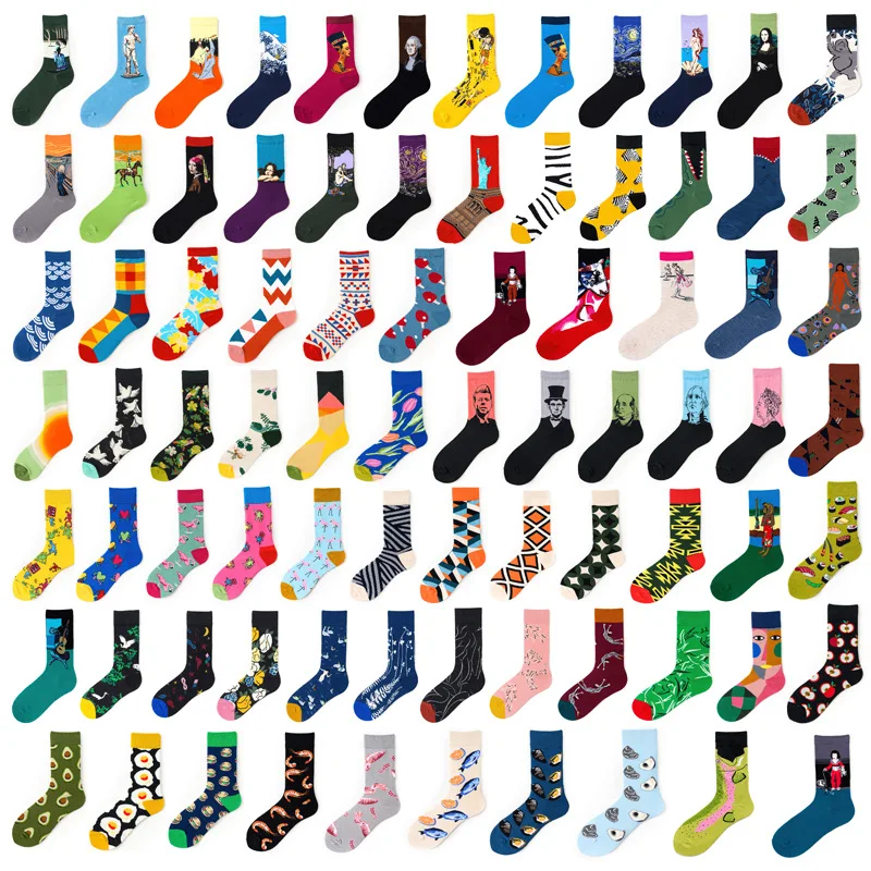 

New autumn and winter men's long tube cotton socks fashion socks in tube personalized flower and bird color skateboard socks