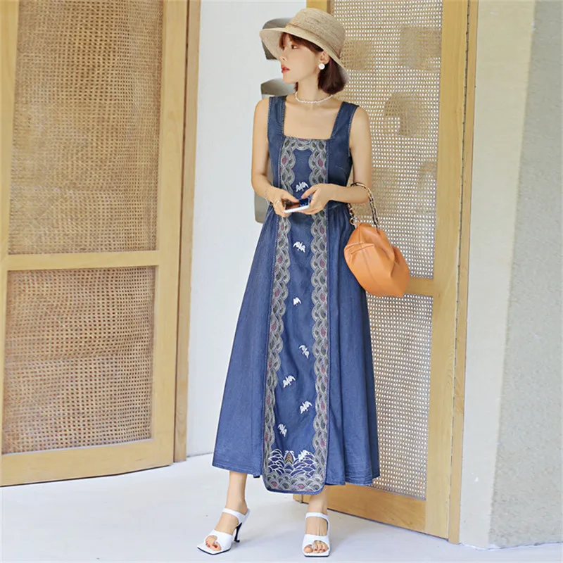 

Summer Denim Embroidery Dress 2020 Women's Sleeveless Tank DRESS Swing Hem Sundress Q82229 Vintage Vestidos Female