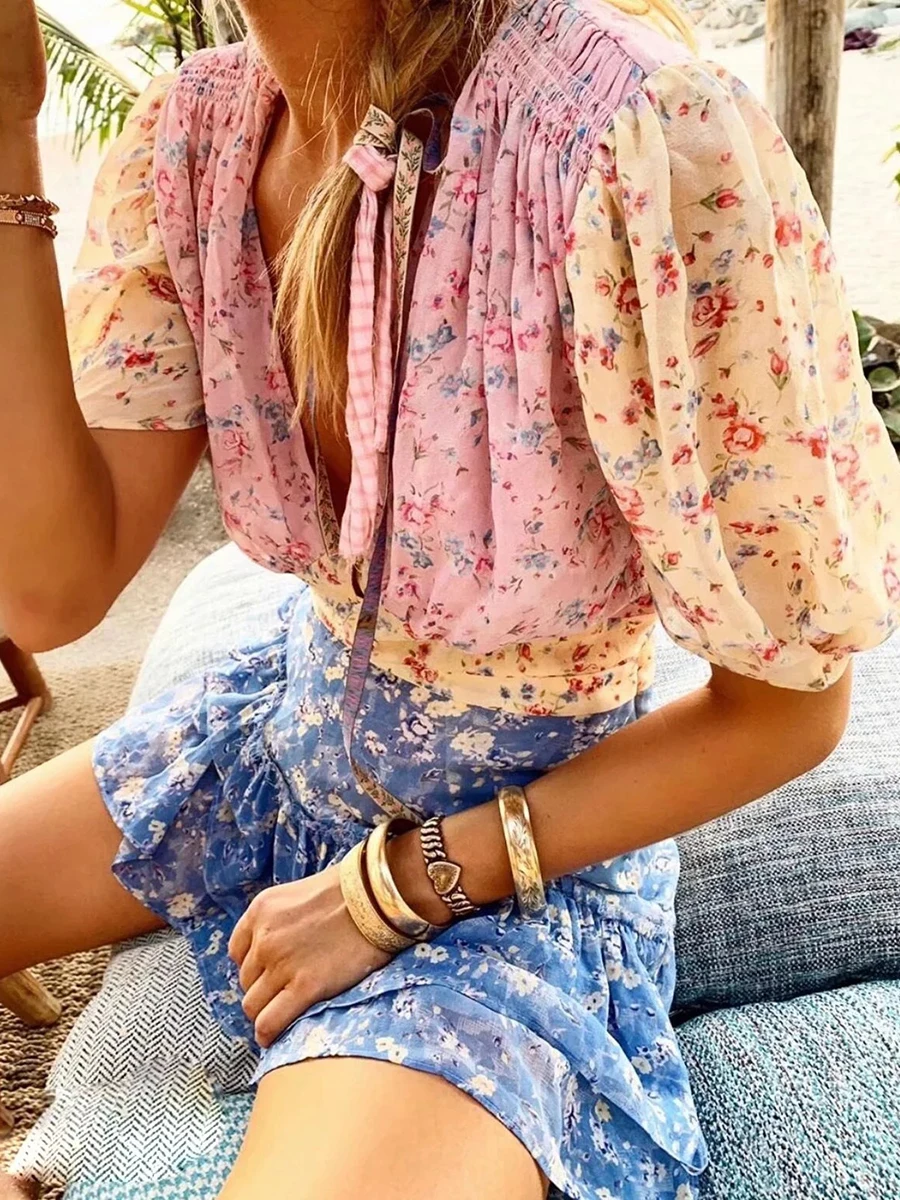 Boho шикарное Смешанное Платье с принтом пышные рукава v-образным вырезом платья