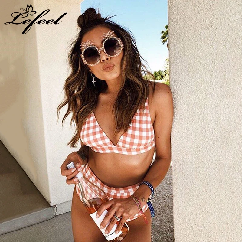 Женский Одноцветный комплект бикини в клетку сексуальный купальник с высокой