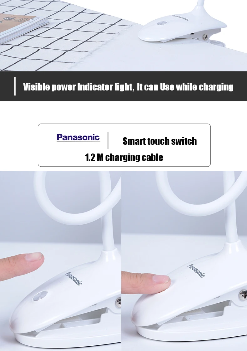 Panasonic Клип Настольная лампа светодиодный сенсорный выключатель 3 режима защита глаз настольная лампа диммер USB Перезаряжаемый светодиодный Настольный светильник