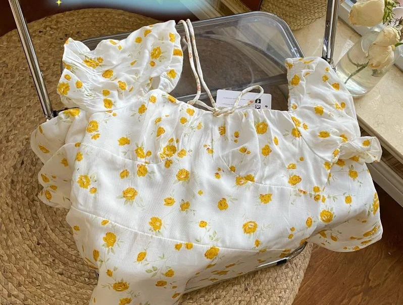 

Vintage Square Collar Floral Print Women Dress 2021 Summer Puff Sleeve Side Split High Waist Midi Dress Sweet Soft Female Dress