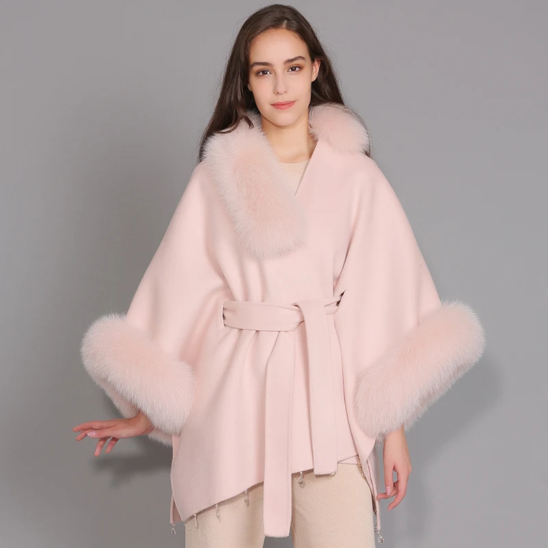 

Cashmere Cloak Coat Women New Autumn Casual Real Fox Fur Collar Cuffs Coat Warm Female Wool Cloak