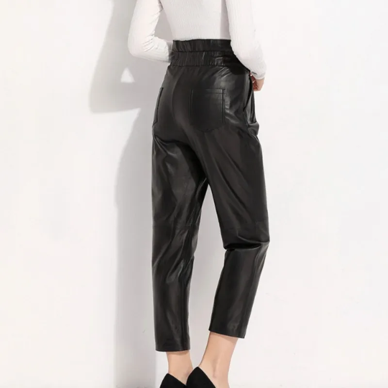 

Trousers Women Sheepskin Black Elastic High Waist Genuine Leather Office Lady Harem Pant Spring Autumn Luxury Brand Korean Style