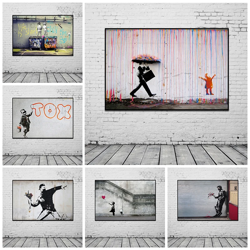 Бэнкси искусство ходьба по дождю Улица граффити настенное холст картины постеры