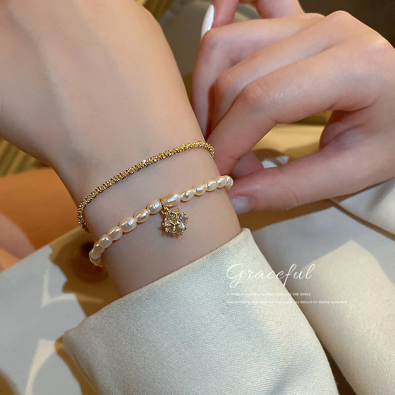 

2pcs/set Fashion Diamond Freshwater Pearl Vintage Harbor Style Gold Bracelet Set for Women Charm Party Wedding Jewelry Gift