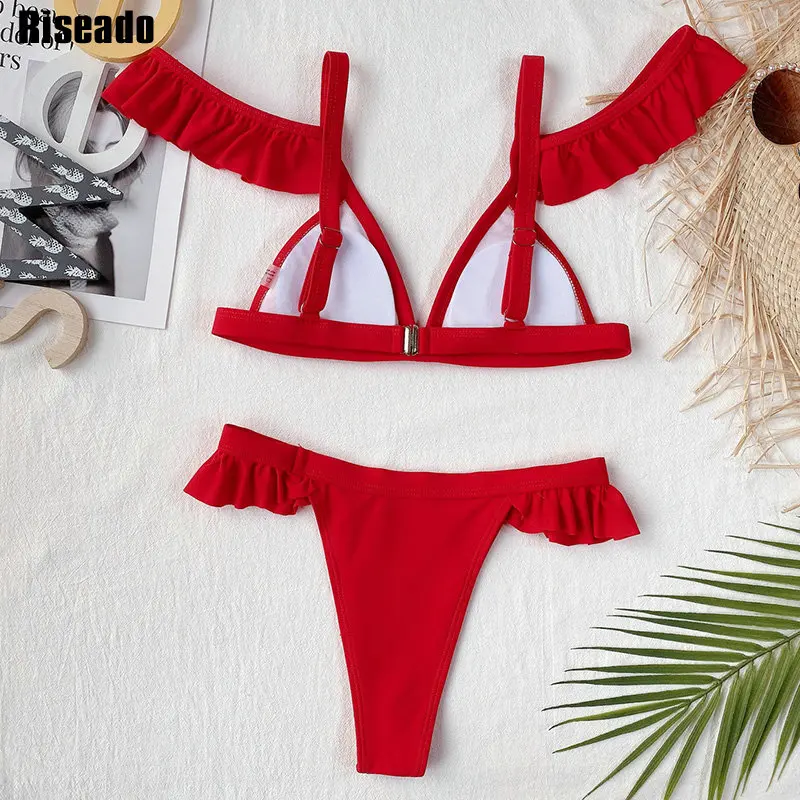 

Riseado Sexy Ruffle Bikini Push Up Women's Swimsuit Red Swimwear Strap Bathing Suit High Cut Bikinis Thong 2021 Summer Beachwear