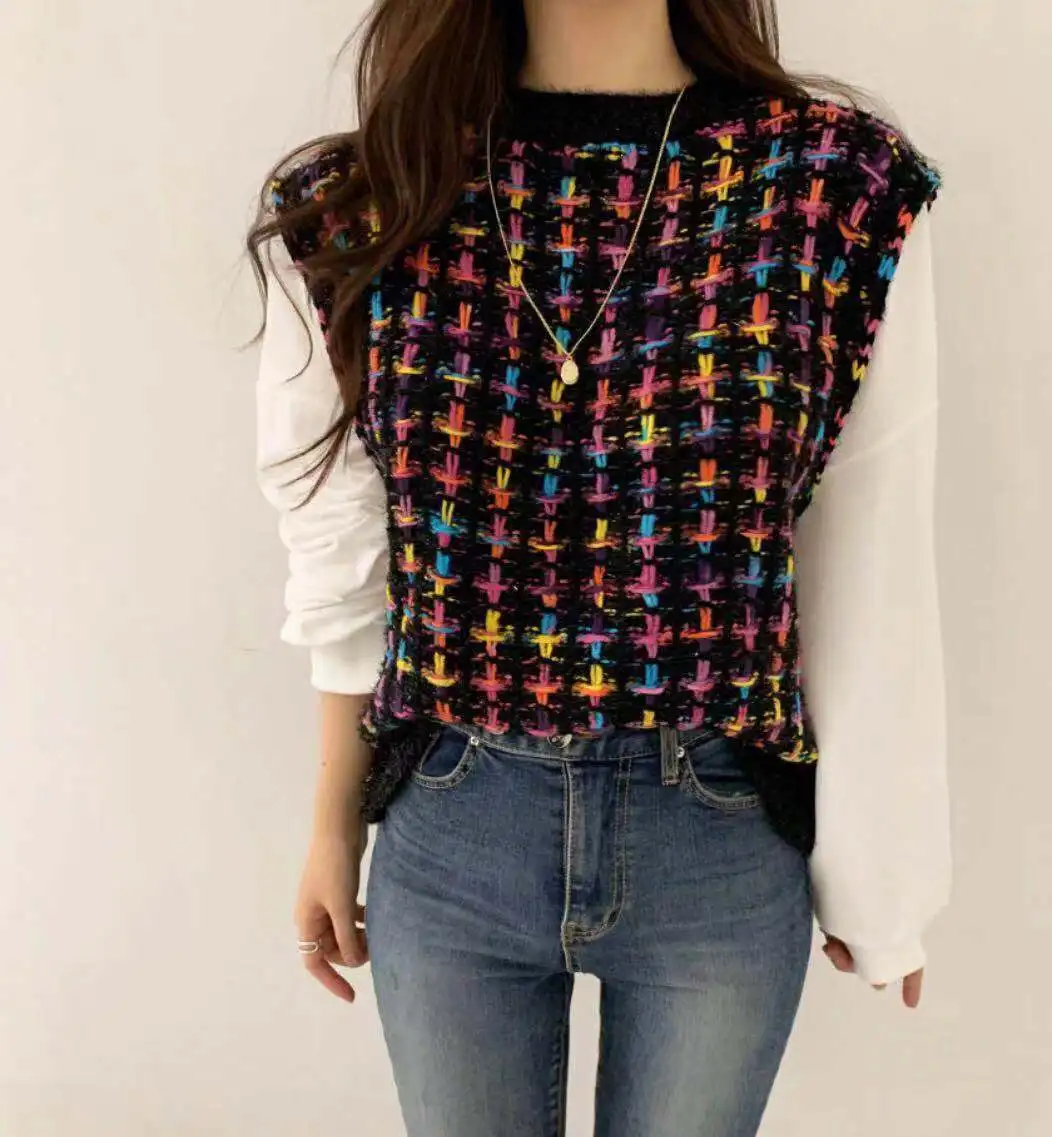 Женский трикотажный свитер Woherb с имитацией двух предметов элегантный клетчатый