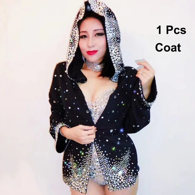 

Nude crystal Jazz Dance Costumes Bright Diamond Jumpsuit Jacket Bar Dj Sexy Nightclub DS Singer Stage Show Rave black coat