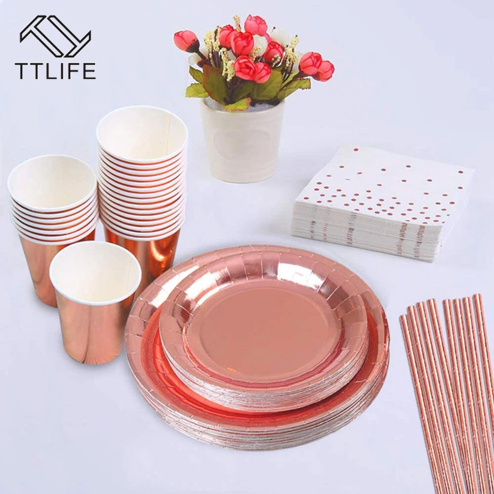 146 шт Вечерние одноразовые столовые приборы цвета розового золота шампанского