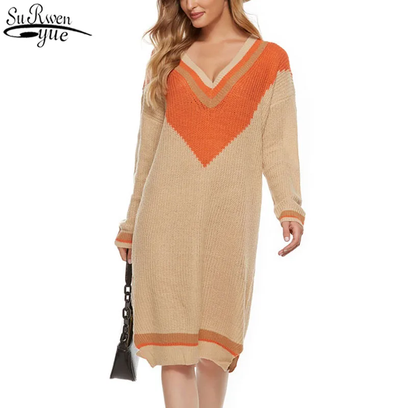 

Женский полосатый пуловер, Свободный Длинный свитер с V-образным вырезом, корейский стиль, зима 2021, 11754