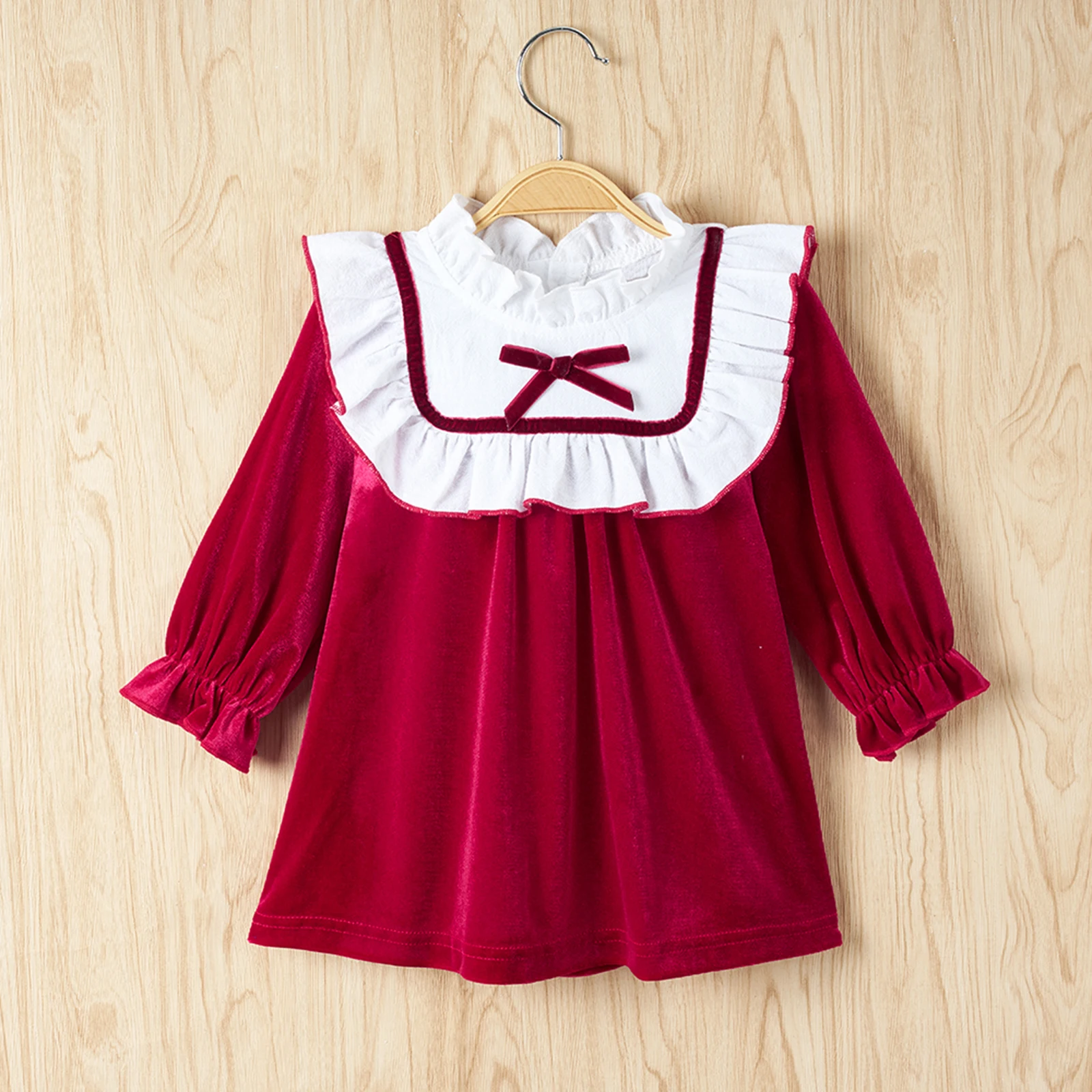 

Spring Autumn Little Girls Lace Dress Toddlers Sweet Style Collar Color Matching Bow Decoration Long Sleeve Princess Skirt