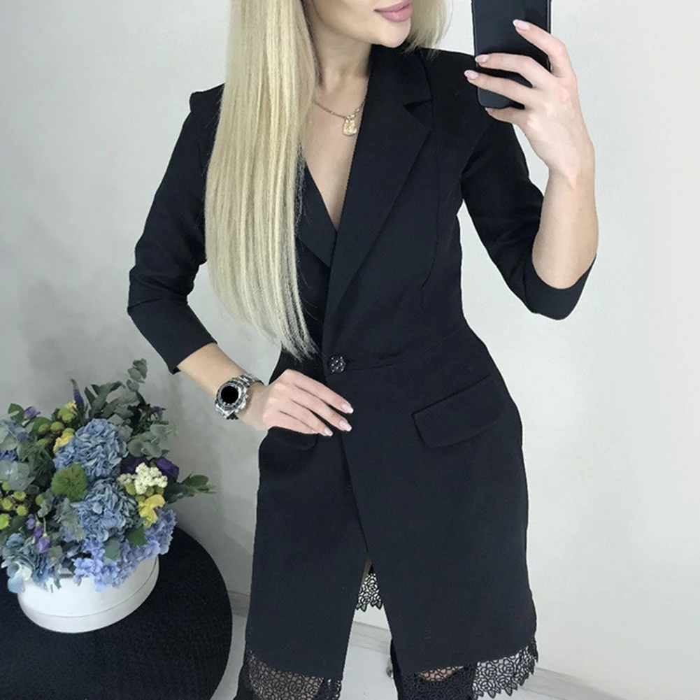Office Lady Lapel Collar 3/4 Sleeve Lace Hem Button Knee-length Dress Blazer | Женская одежда